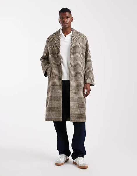  Only & Sons Drop Shoulder Longline Coat In Brown Houndstooth 