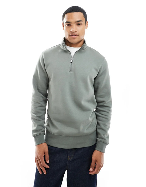  Only & Sons Half Zip Sweat In Dark Sage Green 