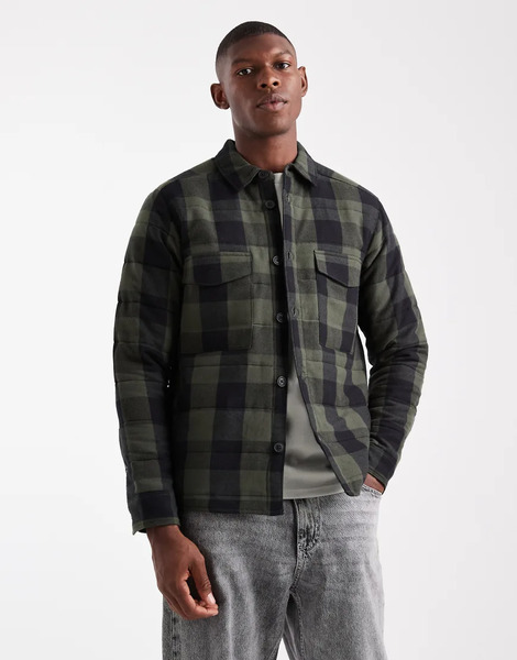  Only & Sons Quilted Check Jacket In Green & Black Check 