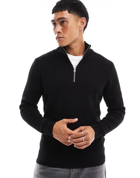  Only & Sons Ribbed Half Zip Jumper In Black 