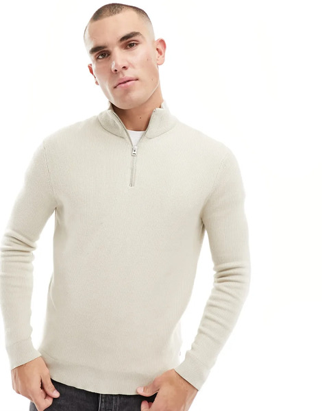  Only & Sons Ribbed Half Zip Jumper In Stone Neutral 
