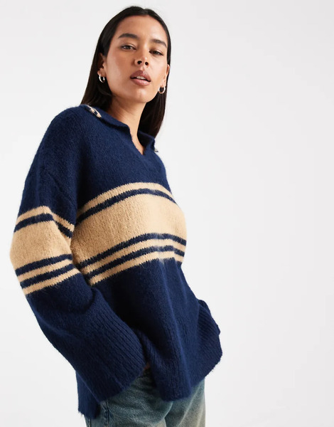  Only Split Neck Knitted Polo In Navy Stripe 