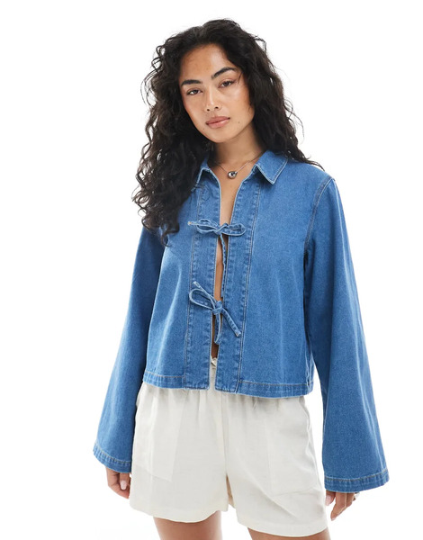  Only Tie Front Denim Shacket In Light Blue 