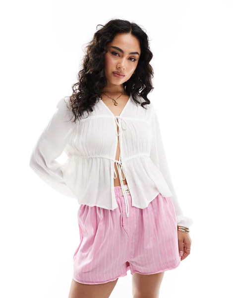  Only Tie Front Plisse Top In White 