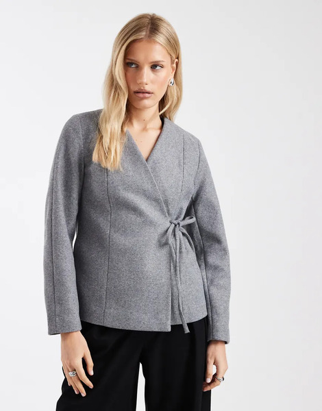  Only Wrap Around Tie Side Structured Jacket In Grey 