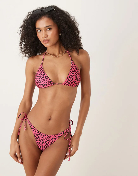  Oosc Pink Leopard Tie Side Bikini Bottoms In Pink 