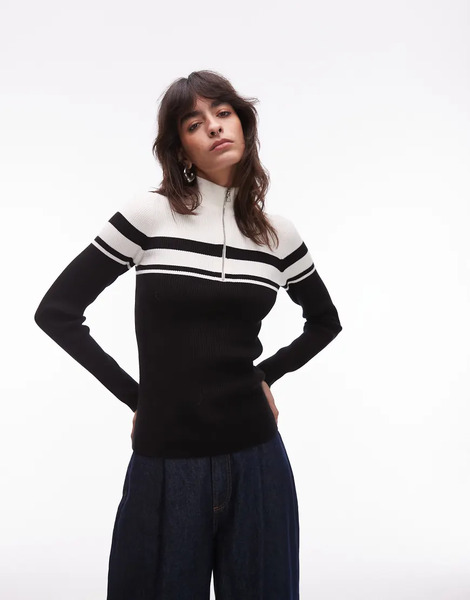  & Other Stories Slim Fit Funnel Neck Fine Knit Zip Up Top With Block Stripe Design In Black And White Multi 
