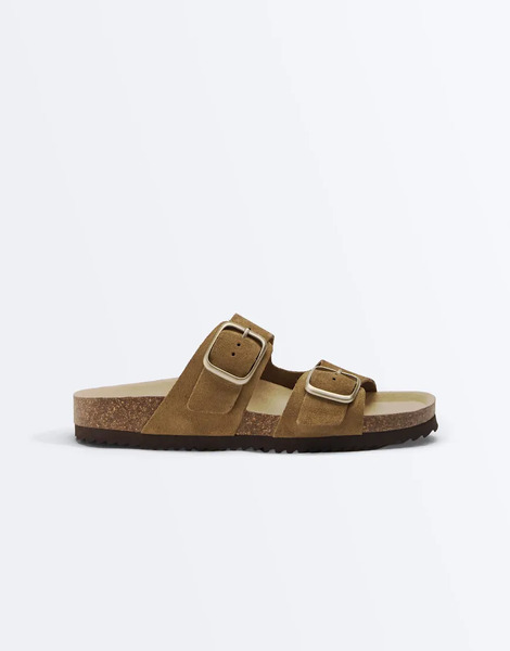  Oysho Buckle Split Leather Sandal In Mole Neutral 