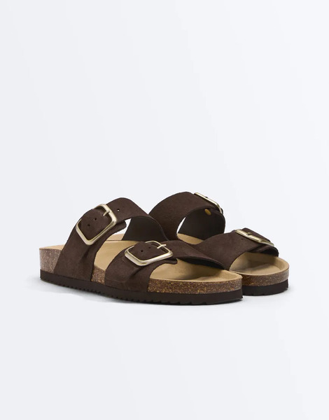  Oysho Buckle Split Leather Slides In Brown 
