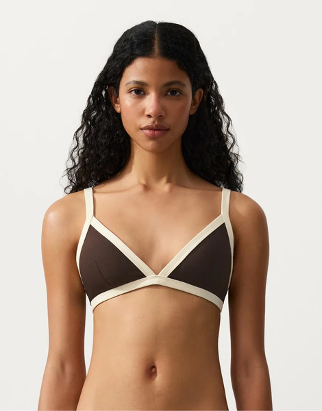  Oysho Contrast Trim Triangle Bikini Top In Brown 
