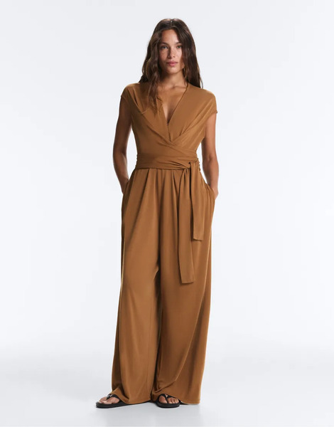  Oysho Crossover Modal Blend Long Jumpsuit In Brown 