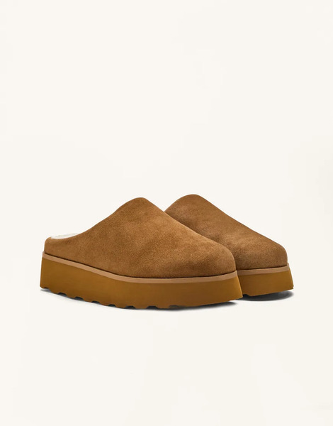  Oysho Faux Fur Split Leather Mules In Brown 
