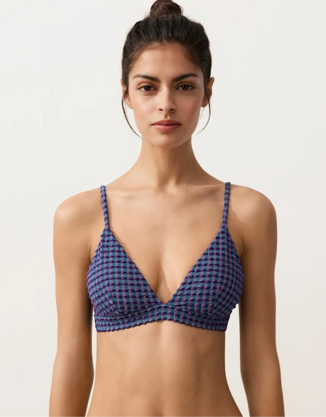 Oysho Gingham Triangle Bikini Top In Navy 