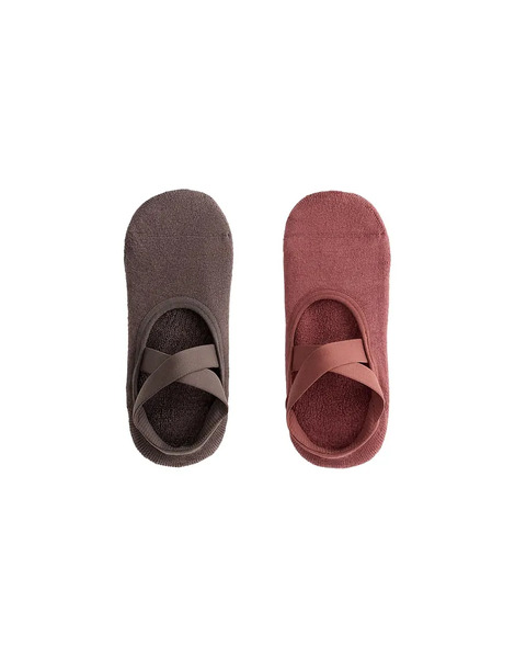  Oysho 2 Pairs Of Padded Cotton Blend Yoga And Pilates Invisible Socks With Crossover Straps In Brown And Red 