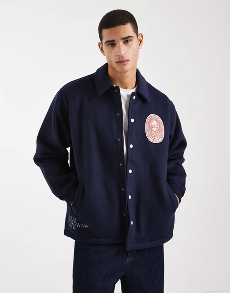  Parlez Embroidered Patch Logo Heavy Weight Wool Blend Coach Jacket In Navy 