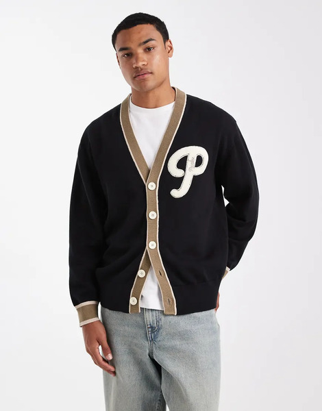  Parlez Knitted Letterman Cardigan With Oversized Patch In Black 