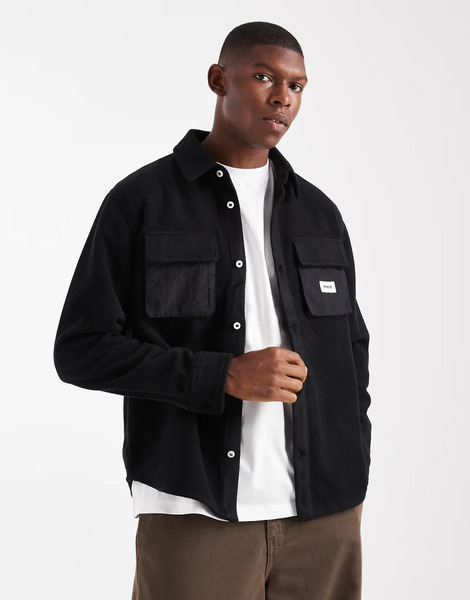  Parlez Long Sleeve Fleece Logo Shacket With Pockets In Black 