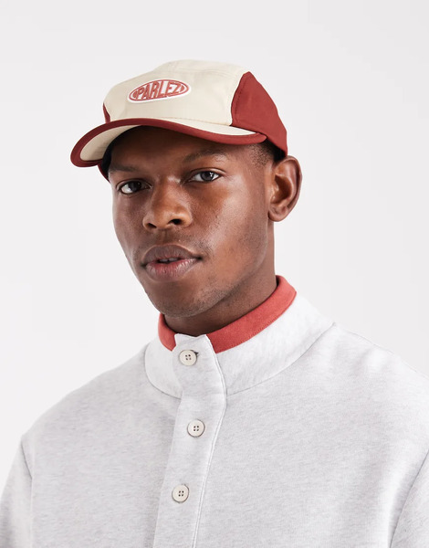  Parlez Rubberised Patch Logo Colour Block 5 Panel Cap In Beige/orange Multi 