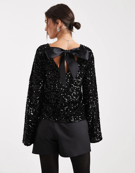  Pieces Backless Sequin Top With Satin Bow Back In Black 
