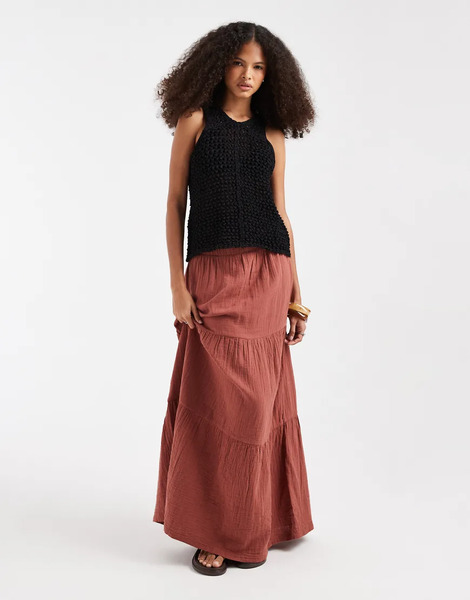  Pieces Boho Tiered Maxi Skirt In Deep Mahogany Brown 