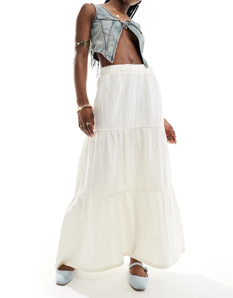  Pieces Boho Tiered Maxi Skirt In White 