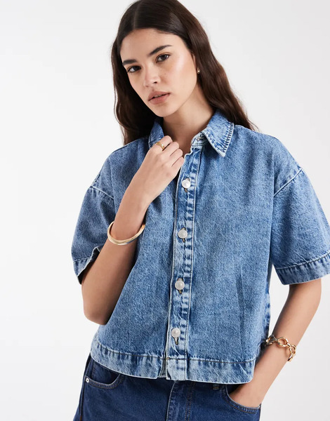  Pieces Boxy Denim Shirt In Medium Blue 
