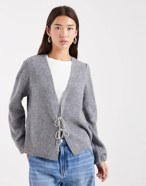  Pieces Cardigan With Embellished Bow Ties In Medium Grey Melange 