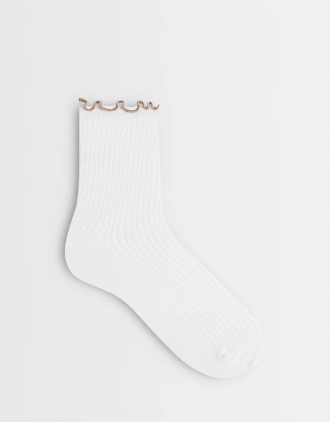  Pieces Contrast Frilly Trim Socks In White And Beige Multi 