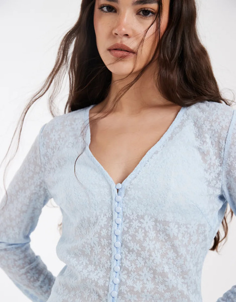  Pieces Floral Devore Button Front Cardigan In Pale Blue 