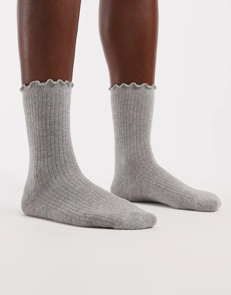  Pieces Frilly Trim Socks In Light Grey Melange 