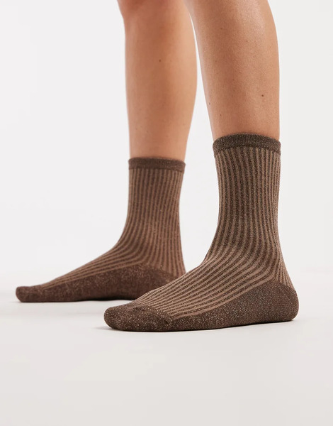  Pieces Glitter Socks In Brown And Beige Stripe 
