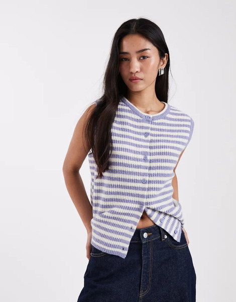  Pieces Knitted Button Front Vest In Blue Stripe 