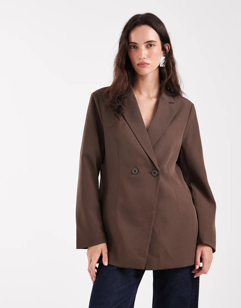  Pieces Oversized Double Breasted Blazer In Chocolate Brown 