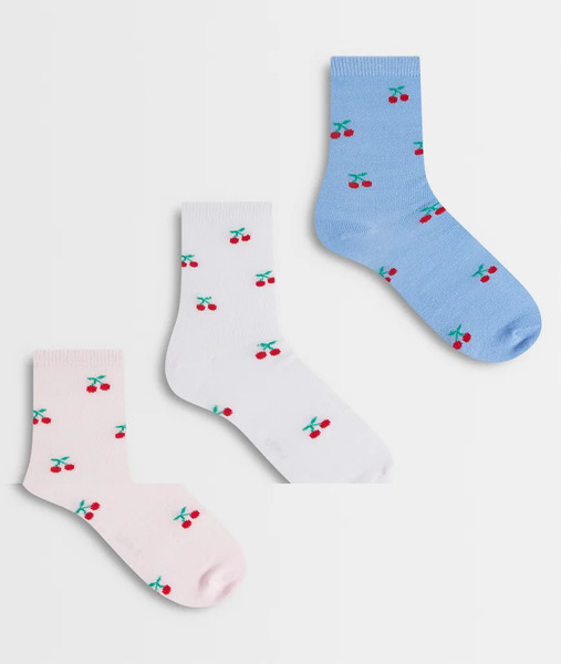  Pieces 3 Pack Cherry Ankle Socks In Blue, Pink And White Multi 