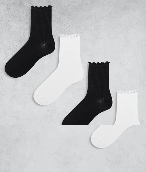  Pieces 4 Pack Frilly Trim Socks In Black & White 