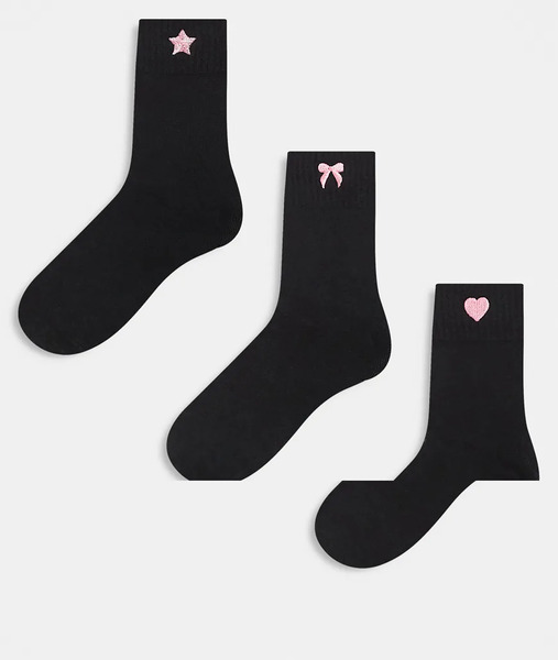  Pieces 3 Pack Pink Embroidered Socks In Black 