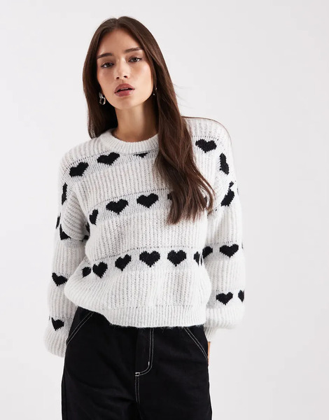  Pieces Patterned Heart Knit Jumper In Mono Black 