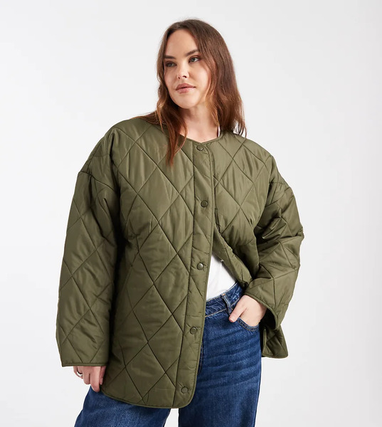  Pieces Curve Quilted Lightweight Jacket In Khaki Green 