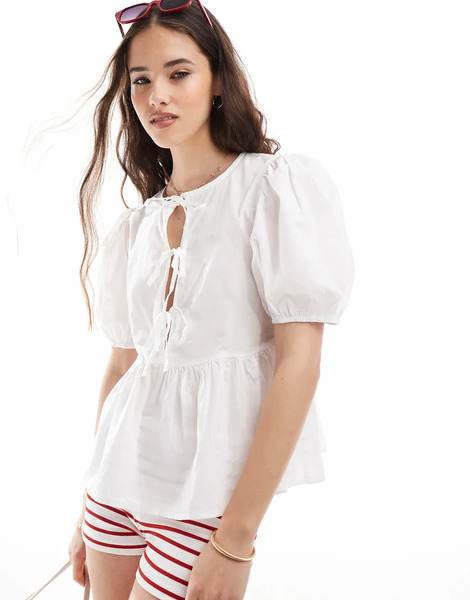  Pieces Poplin Tie Front Puff Sleeve Top In White 