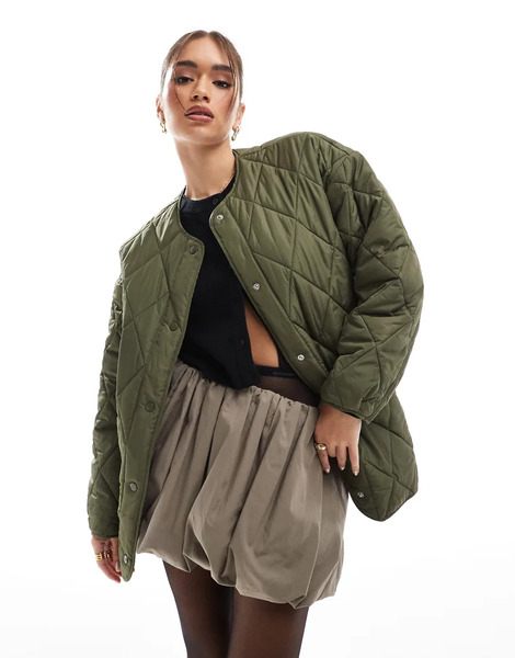  Pieces Quilted Lightweight Jacket In Khaki Green 
