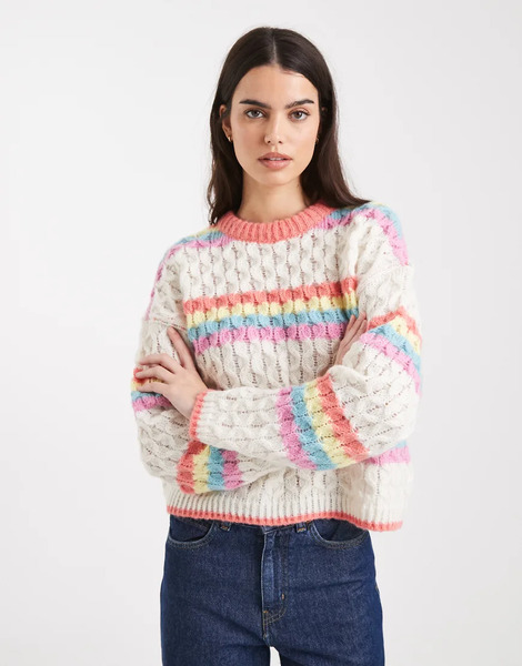  Pieces Rainbow Stripe Knitted Jumper In White 