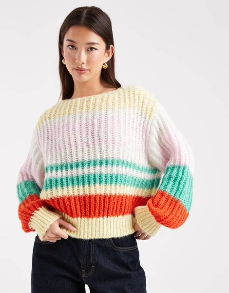  Pieces Retro Stripe Knitted Jumper In Multi 