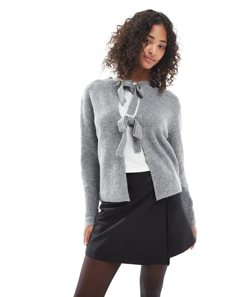  Pieces Reversable Tie Front Cardigan In Grey 
