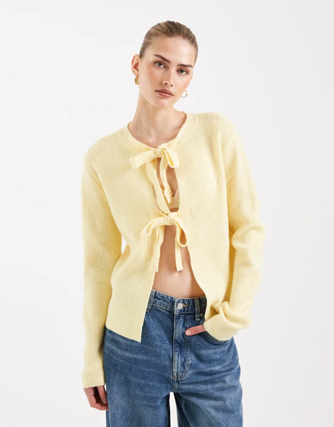  Pieces Reversable Tie Front Cardigan In Pale Yellow 