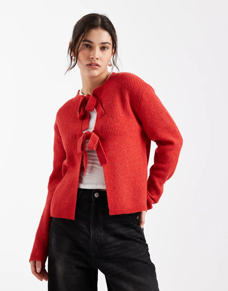  Pieces Reversable Tie Front Cardigan In Red 