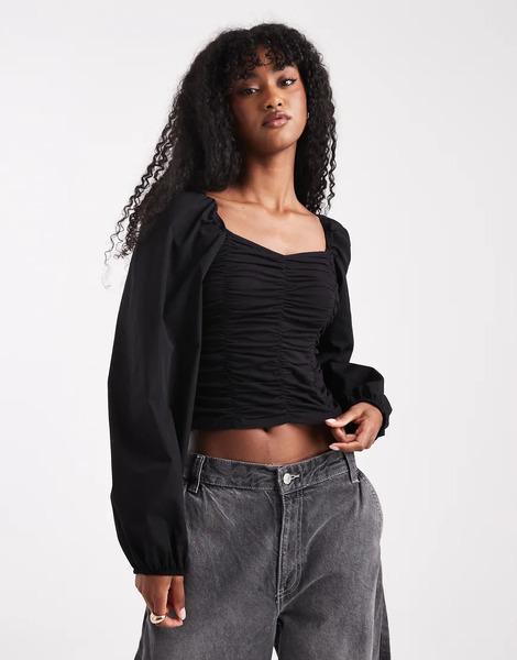  Pieces Ruched Long Sleeve Blouse In Black 