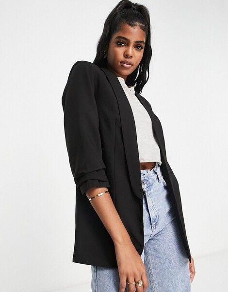  Pieces Ruched Sleeve Blazer In Black 