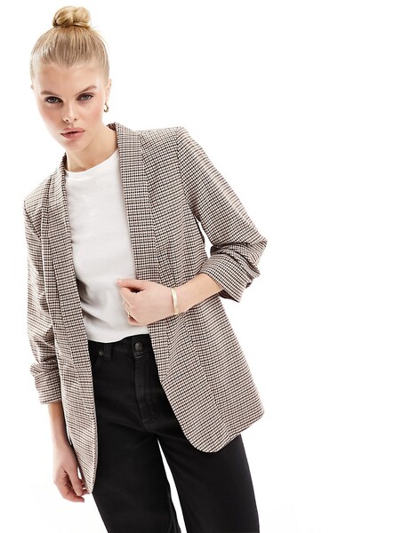  Pieces Ruched Sleeve Blazer In Check Multi 