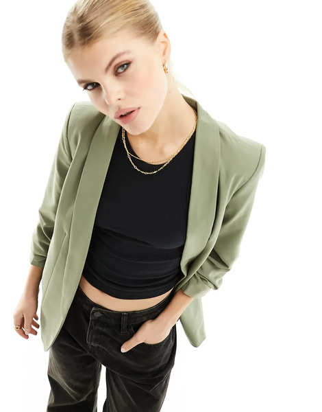  Pieces Ruched Sleeve Blazer In Khaki Green 