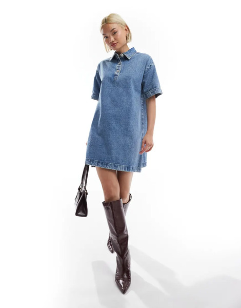  Pieces Short Sleeve Button Placket Mini Dress In Medium Blue Denim 